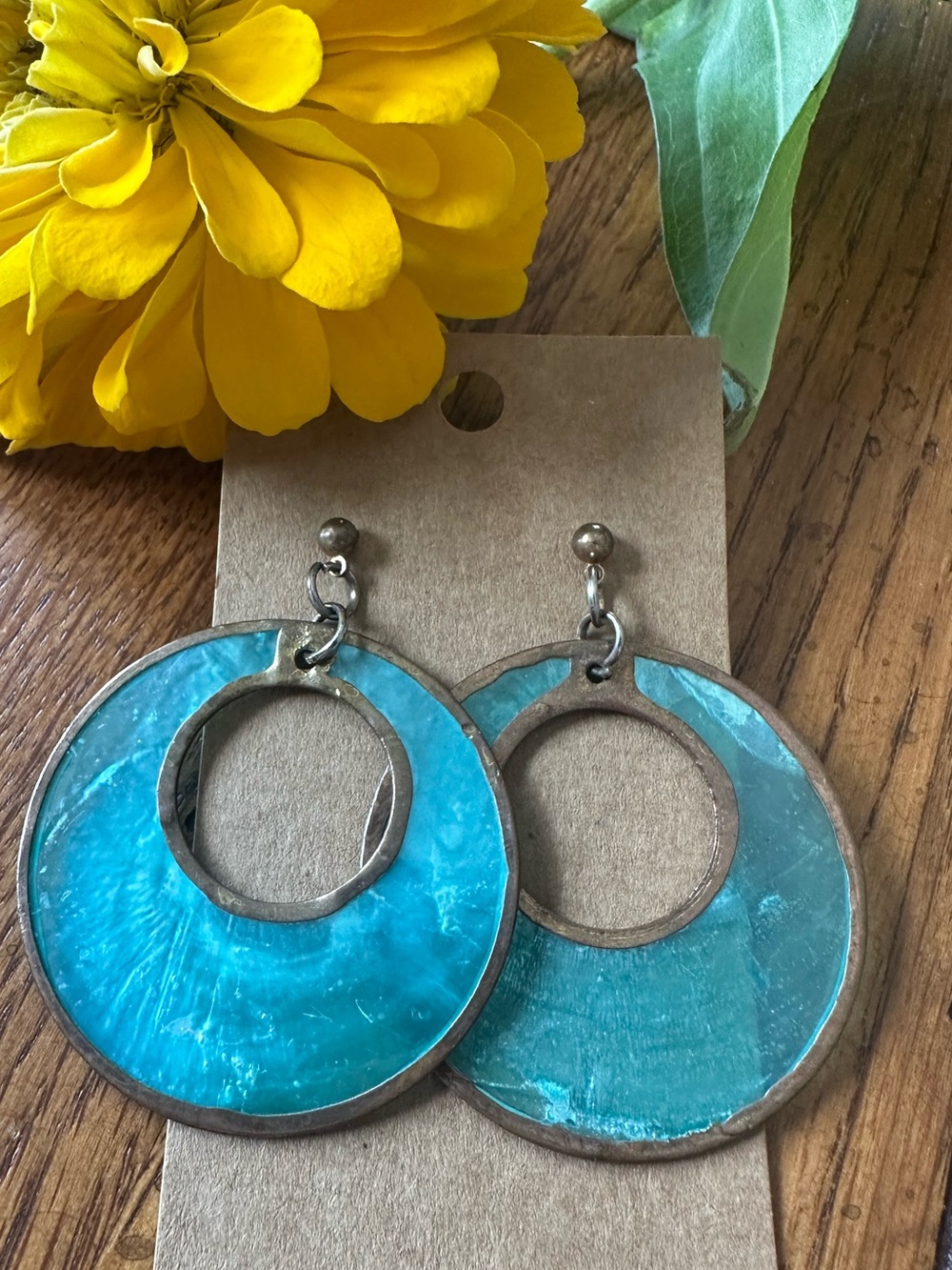 Turquoise Blue Shell Inlay Circle Drop Bohemian Earrings
